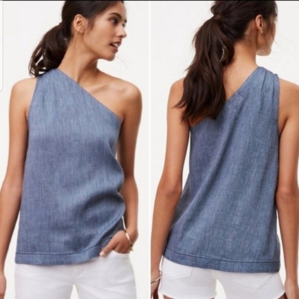 LOFT One-Shoulder Chambray Blue Tank Top